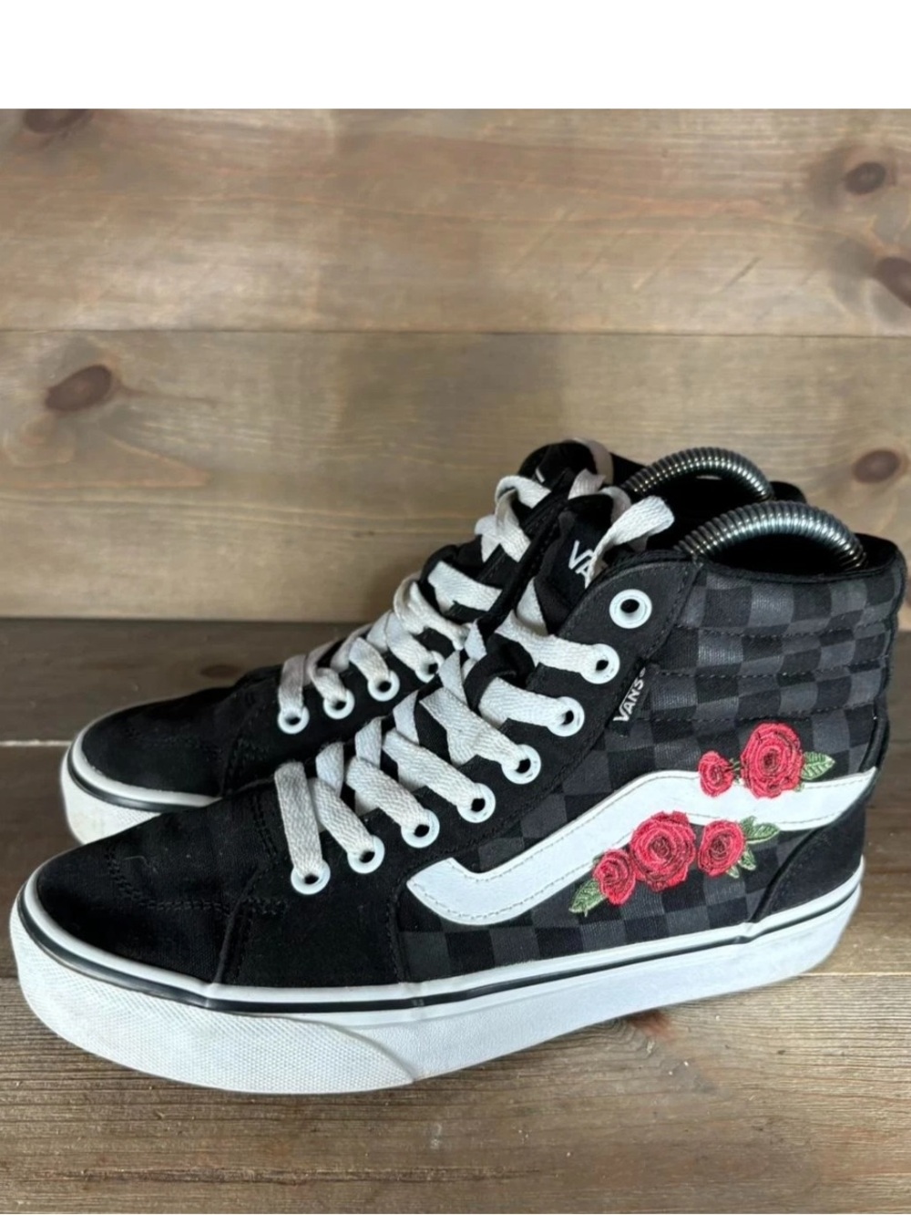 Vans Black Checkered High-Top Sneakers with White Stripe and Red Rose Embroidery